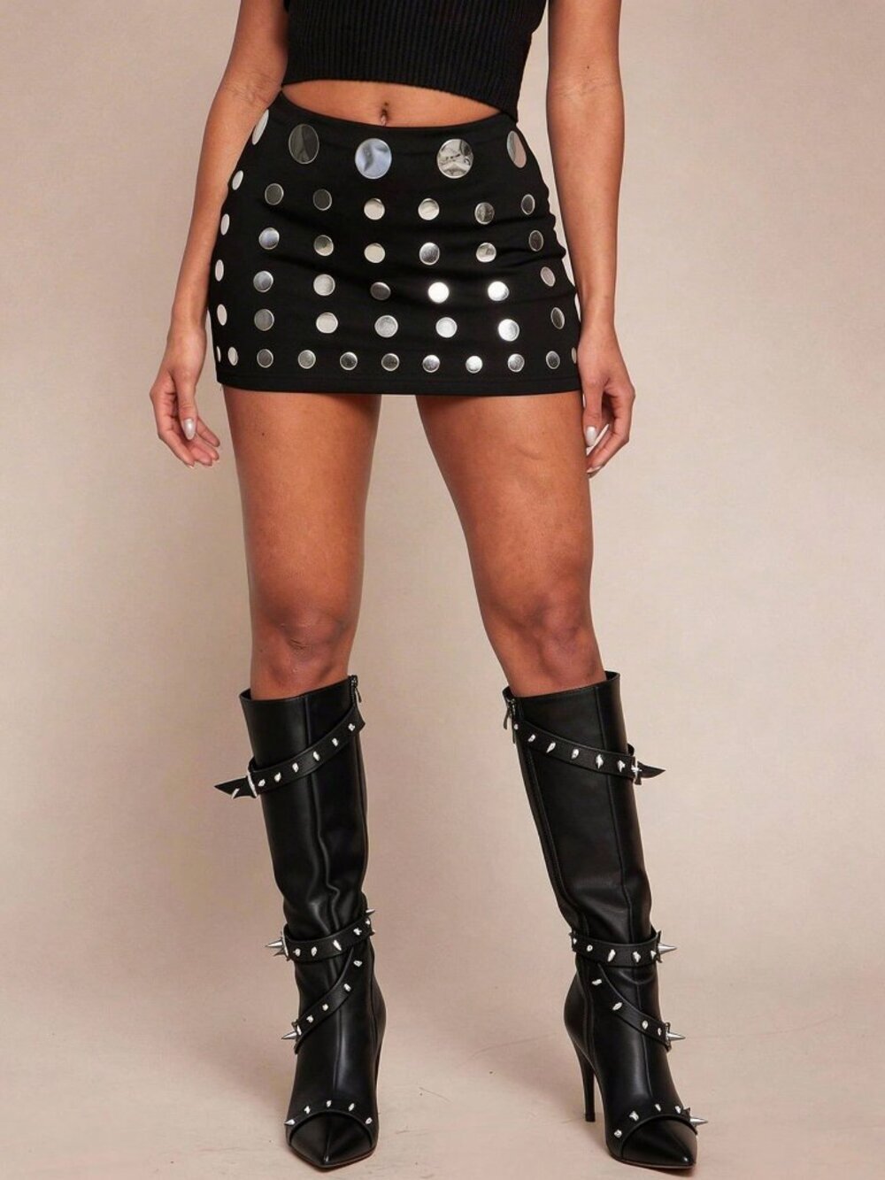 Black Sexy Women's metal Polka Dot Mini Bodycon Skirt - Picture 3 of 8
